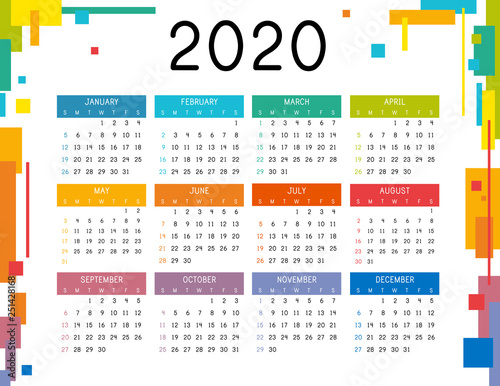 Calendar 2020 on white background. Colorful calendar 2020 year. Simple vector template