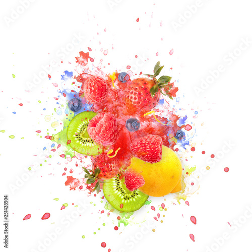 Artfully and lovingly designed fruit explosion with raspberries  blackberries  strawberries  kiwis  lemon and water splashes in the background