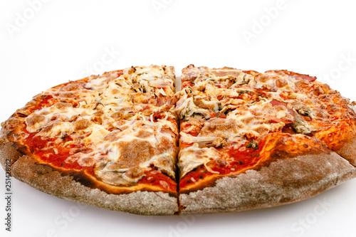 Pizza BBQ with bacon, chicken and cheese on a white background. Isolate. Close-up