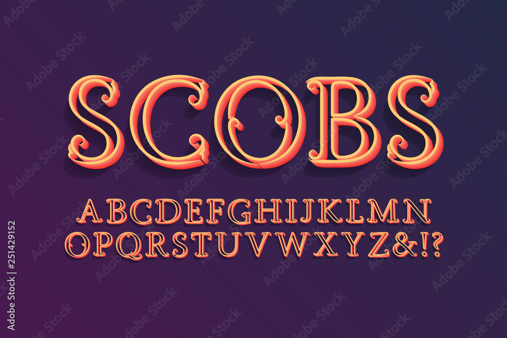 Scobs decorative alphabet. Nice 3d font. Isolated english alphabet.
