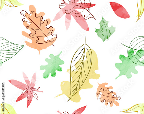Seamless Watercolor autumn nature pattern texture with red, yellow and green tree leaves on white background. Vector season wallpaper © YuliiaMazurkevych