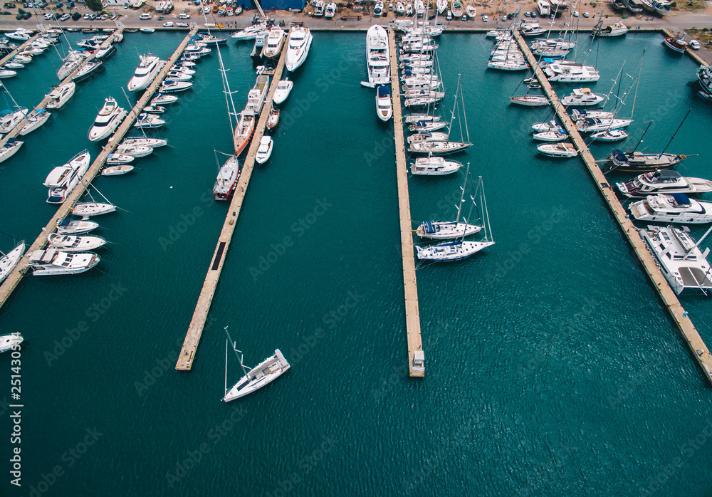 Aerial view, Bar - Montenegro. New day, fall, season termination, Adriatic Sea, azure water, sunny day, yachts