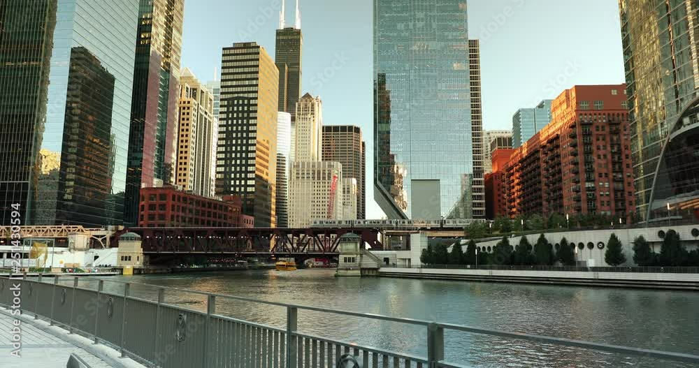 Chicago cityscape and ferry boats on the river