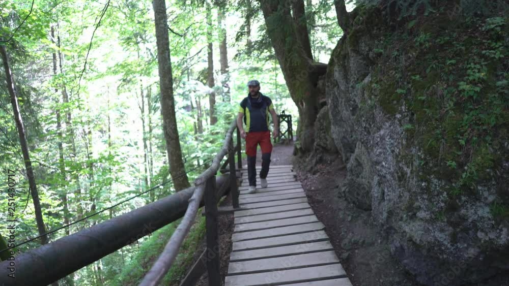 Man walks through wooden bridge in the forest and admires the view Man walks through wooden bridge in the forest and admires the view