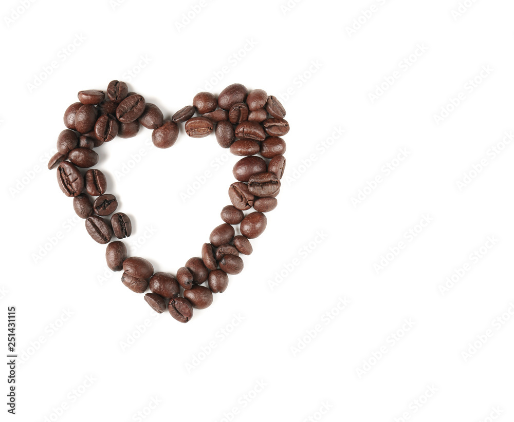 Roasted coffee beans in heart form, on white background. St Valentine day card Roasted coffee beans in heart form, on white background. St Valentine day card