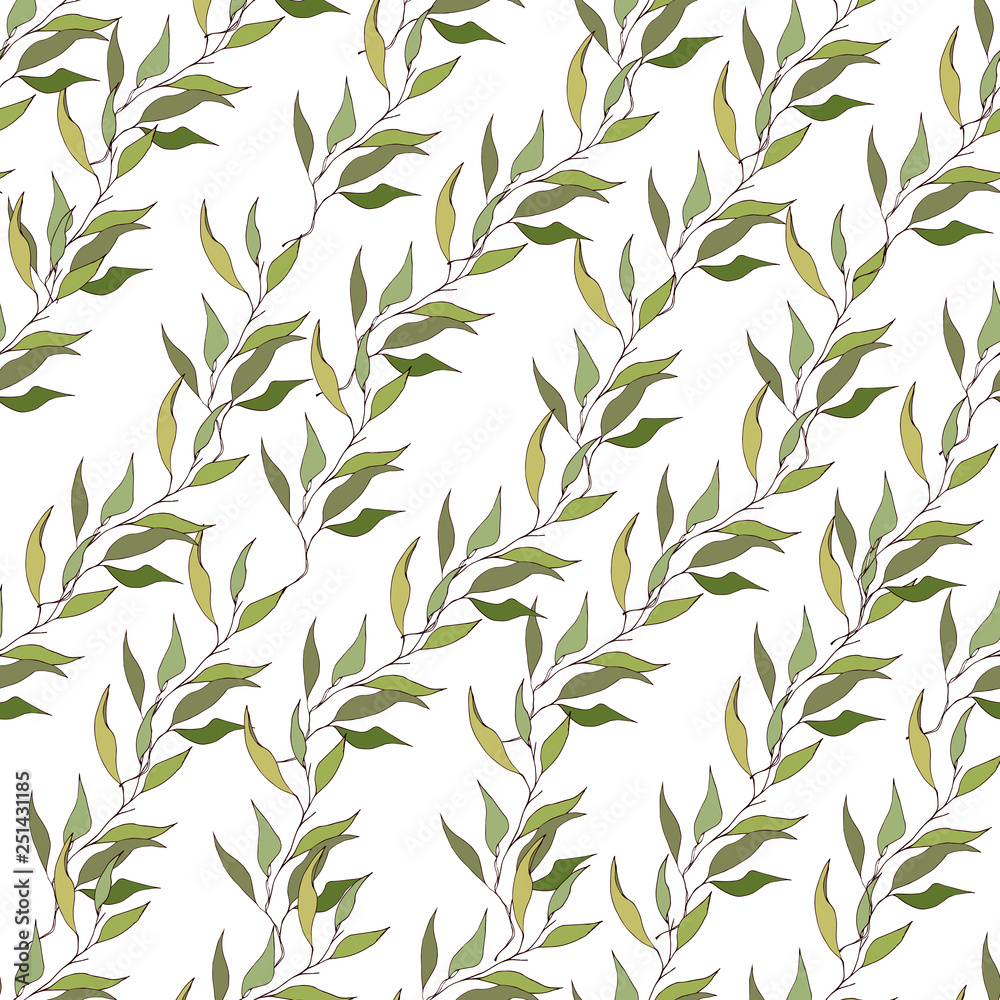 Naklejka premium Jasne tło gałęzi z zielonymi liśćmi. Delikatna tekstura dla tkaniny.