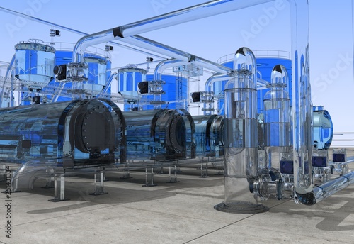 oil refinery, glass factory, exterior visualization, 3D illustration