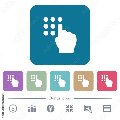 Typing security code flat icons on color rounded square backgrounds