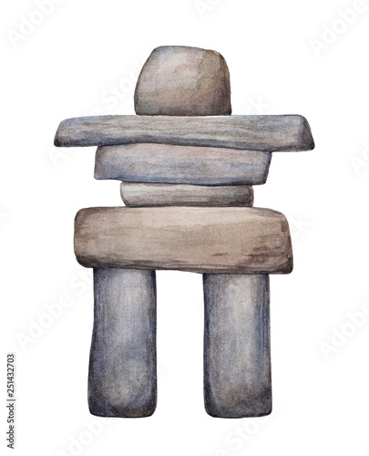 Inuksuk watercolour drawing. Traditional man-made stone landmark used by Inuit and other native peoples of Arctic region of North America, northern Canada, Greenland, Alaska. Cutout clipart element. photo