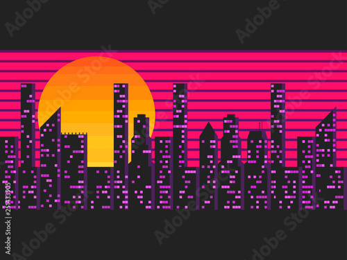 Retro futuristic city in the style of the 80s. Cyberpunk and retro wave style. Cityscape of the future megapolis against the backdrop of the sunset. Vector illustration