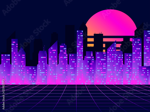 Retro futuristic city in the style of the 80s. Cyberpunk and retro wave style. Cityscape of the future megapolis against the backdrop of the sunset. Vector illustration