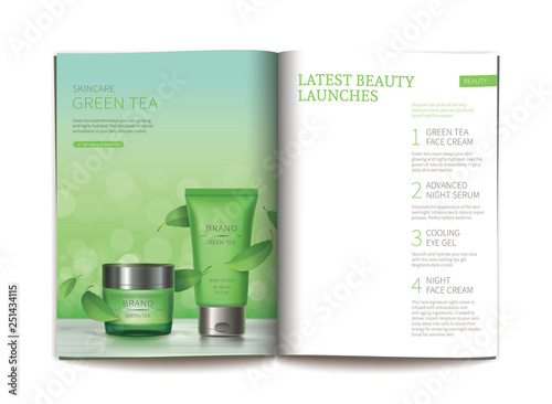 Vector template for glossy cosmetic magazine. Magazine or catalog spread, page with natural cosmetics, jar and tubenext to green tea leaves and blank page for new skin care complex