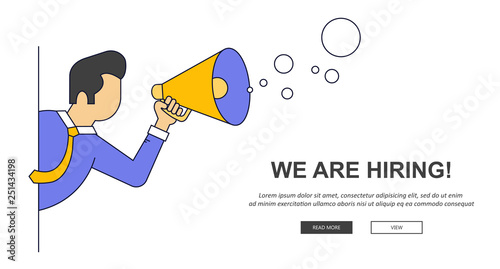 We are hiring banner. Find the right person for the job concept. Hiring and recruiting new employees. Flat vector design