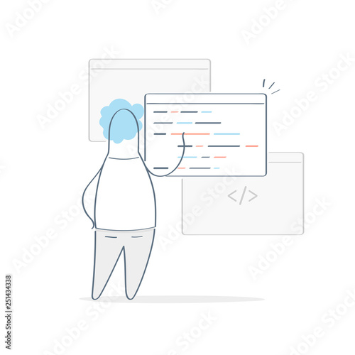 Developing programming and coding technologies concept. Cartoon programmer with browser windows and code, website design, coding. Programmer working in a software development office