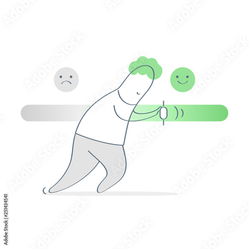 Man pushing satisfaction or loading progress level bar slider between smiley and upset customer face. Rating or review ranking bar, feedback rate emoticon illustration concept