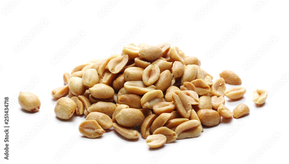 Fried and salted peanuts pile isolated on white