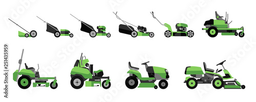 Various types of lawn mowers isolated on white background. Mowed grass. Gardening grass-cutter. Flat vector illustration.