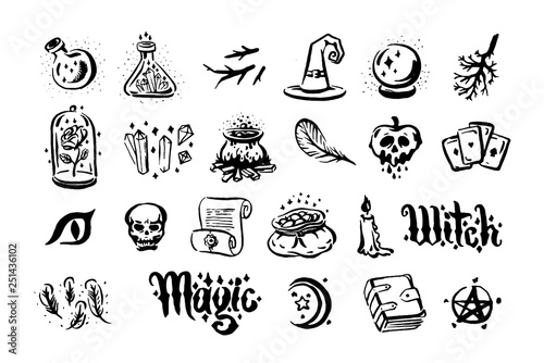 Vector hand drawn illustration of Witch and magic item illustration on white background.