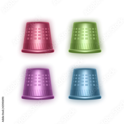 Set Of Thimbles In Realistic Style Of Bright Colors, Thimbles Of Red Green Purple And Blue colors, Vector Illustration