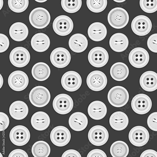 Seamless pattern with buttons for clothes of white color, on black background, Ideal for textile, wallpaper, wrapping, web pages, etc. Vector EPS 10 illustration