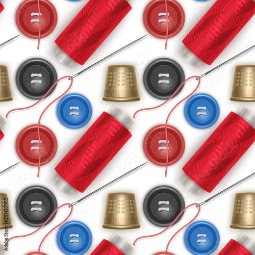 Seamless pattern with with red thread, needle, buttons and realistic thimble, bright color texture, Ideal for textile, wallpaper, wrapping, web pages, etc.
