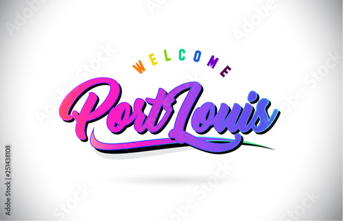 PortLouis Welcome To Word Text with Creative Purple Pink Handwritten Font and Swoosh Shape Design Vector. photo