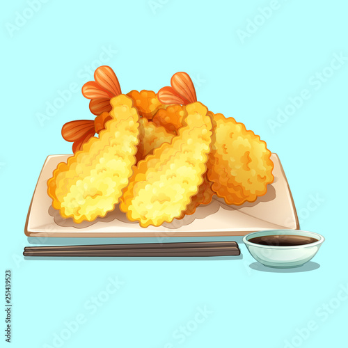 Japanese food Tempura, fried shrimp and shoyu sauce vector illustration photo