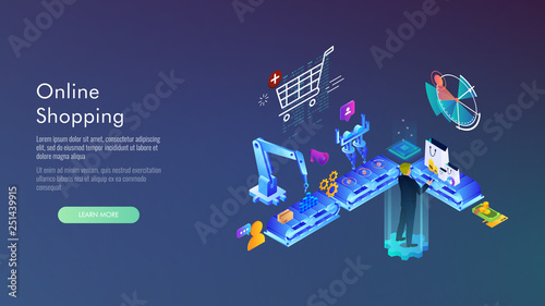 Concept of e-commerce sales, online shopping, digital marketing. Isometric vector illustration