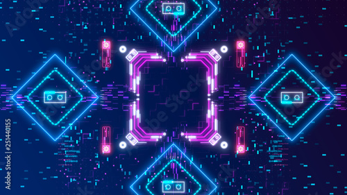 Neon glow cyber background. Futuristic hud concept. Circuit board style