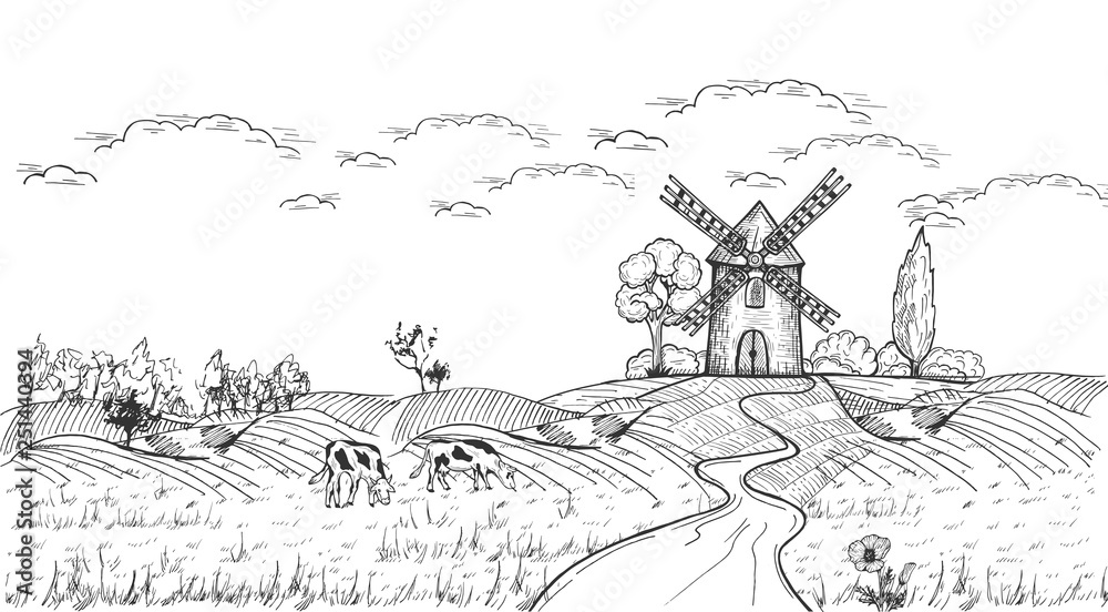 Rural landscape with mill, free grazing pasture and cows