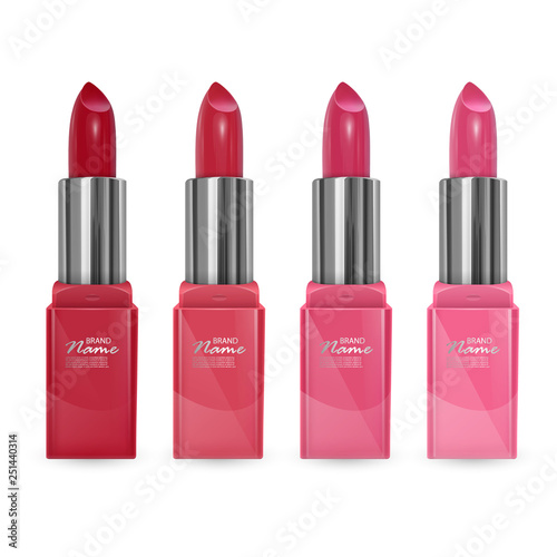 Set of lipsticks of colors from Red to light pink, lipsticks on transparent background, vector EPS 10 illustration