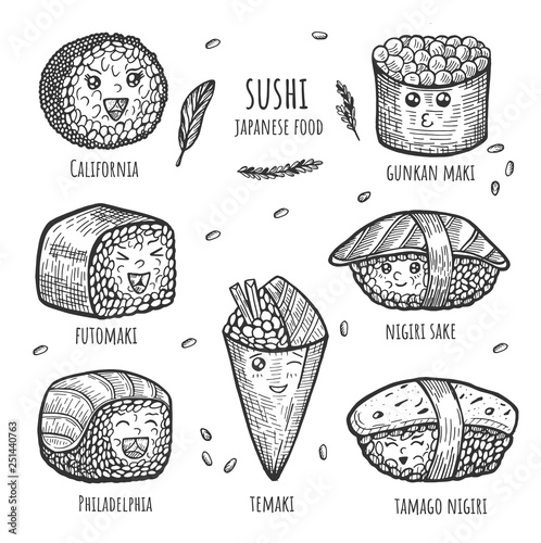 Set of tasty kawaii japanese food with lettering isolated elements