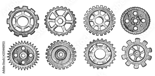Collection of transmission cog wheels and gears