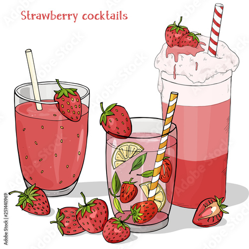 Set of refreshing summer drinks from strawberries. Milkshake, strawberry Mojito, fresh drink and fresh strawberry berries.