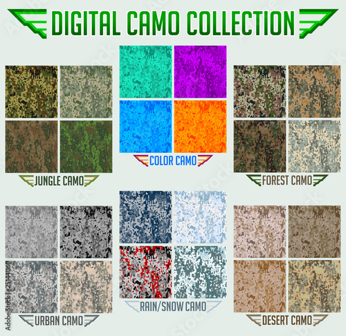 Military Digital Camouflage Camo Seamless Vector collection, Pattern Set