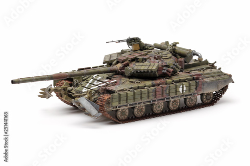 stand model of a military battle tank on a white background