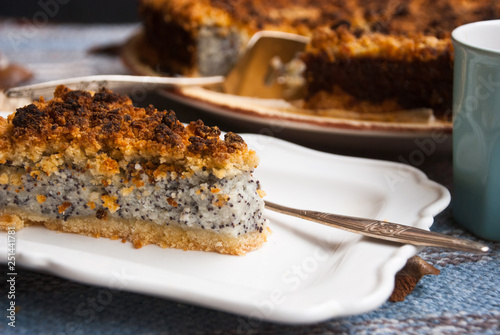 tasty breakfast with poppy cramble pie and coffee. Homemade cake. photo