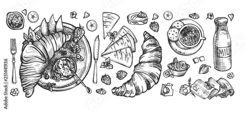 Set of traditional dishes for french breakfast