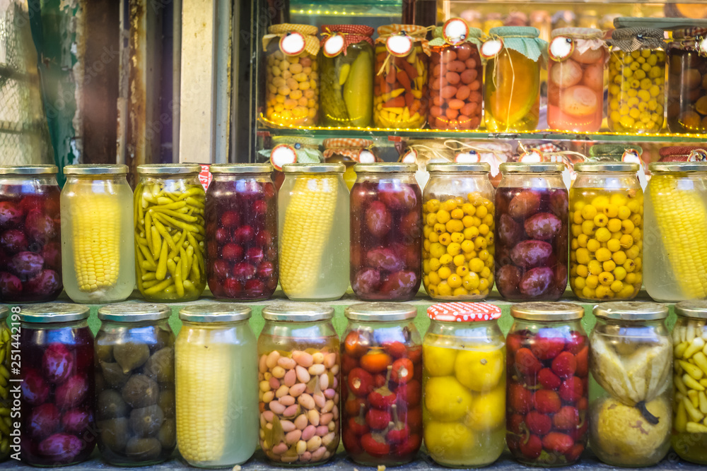 Homemade pickled vegetables in jars