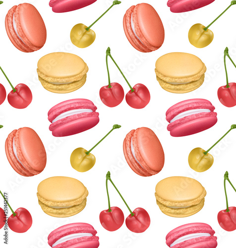 Seamless pattern with french sweet macaroons and cherries. Fresh bakery. Can be used in food industry for wallpapers, posters, wrapping paper. Vector Eps10
