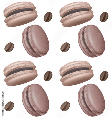 Seamless pattern with french sweet macaroons and coffee beans. Fresh bakery. Can be used in food industry for wallpapers, posters, wrapping paper. Vector Eps10