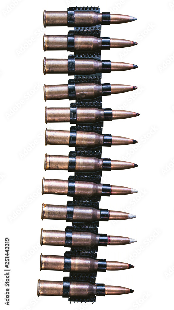 machine gun ammo on a white background, bullet belt, bandoleer, chain of ammo on wooden background,cartridge 7.62 mm caliber, top view, isolated on white background machine gun ammo on a white background, bullet belt, bandoleer, chain of ammo on wooden background,cartridge 7.62 mm caliber, top view, isolated on white background