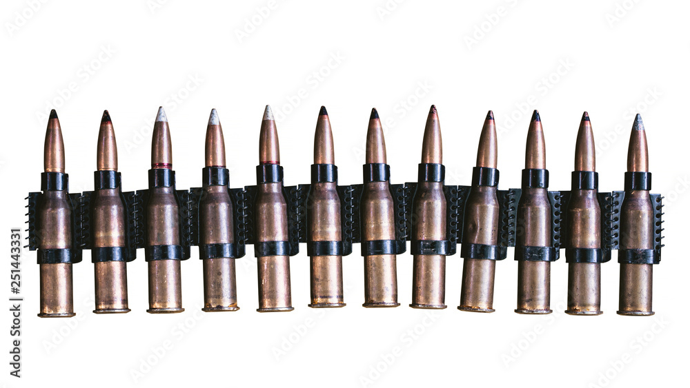 machine gun ammo on a white background, bullet belt, bandoleer, chain of  ammo on wooden background,cartridge 7.62 mm caliber, top view, isolated on  white background Stock Photo | Adobe Stock