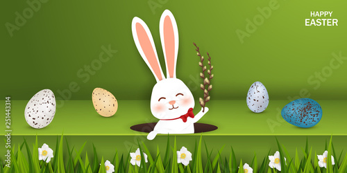 Happy Easter. Easter Rabbit Bunny with realistic eggs, grass, flowers on green background. Cute, funny cartoon rabbit character with Paschal egg. Design template for Banner, flyer, card, poster
