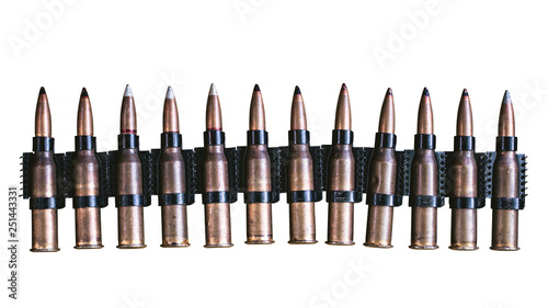 machine gun ammo on a white background, bullet belt, bandoleer, chain of ammo on wooden background,cartridge 7.62 mm caliber, top view, isolated on white background photo