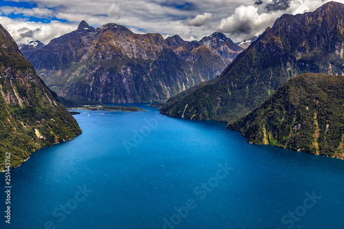 New Zealand. Milford Sound (Piopiotahi) from above - the head of the fiord, Milford Sound Airport in the background