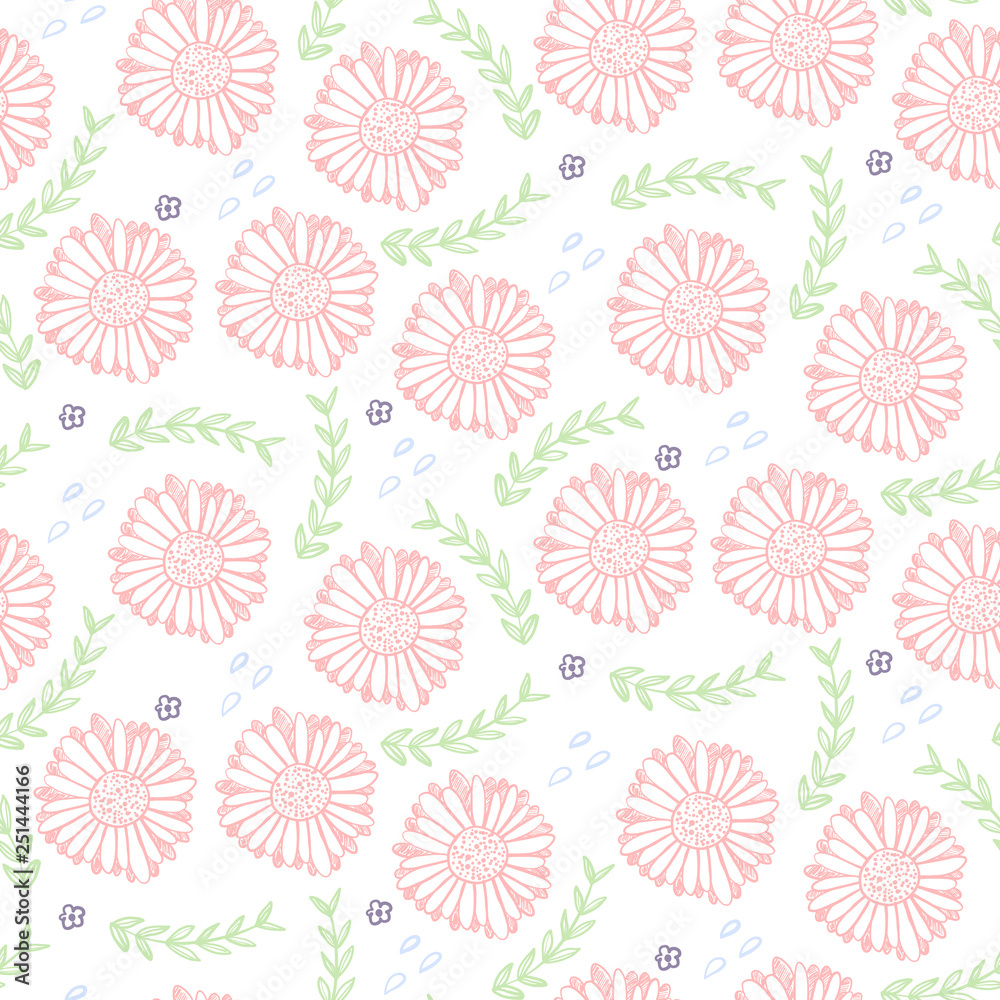 Tender floral seamless pattern with light pink flowers and green leaves on white background. Lovely floral texture with outline blossoms and twigs for textile, wrapping paper, surface, wallpaper Tender floral seamless pattern with light pink flowers and green leaves on white background. Lovely floral texture with outline blossoms and twigs for textile, wrapping paper, surface, wallpaper
