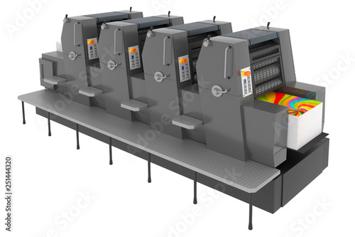 Printing solutions: industrial offset printer four-colors isolated on white background