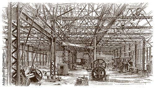 Interior view of a historical iron building of a factory (after an engraving or etching from the 19th century)