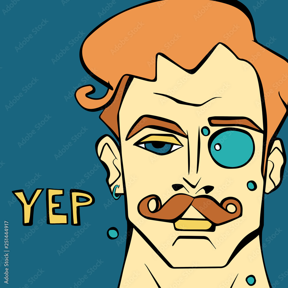 Vector character of handsome man with orange hair, eyebrows and mustache. Illustration for t-shirt print, card, poster. Isolated portrait with yellow hand drawn lettering Yep on dark blue background Vector character of handsome man with orange hair, eyebrows and mustache. Illustration for t-shirt print, card, poster. Isolated portrait with yellow hand drawn lettering Yep on dark blue background